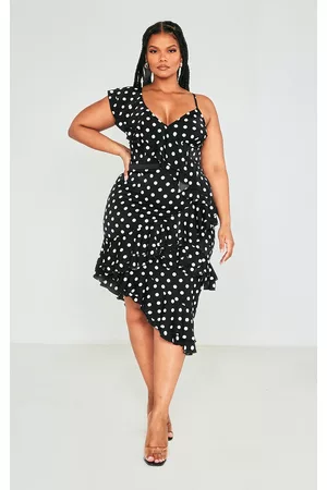 PRETTYLITTLETHING Women Midi Dresses - Plus Black Polka Dot Ruffle Detail Midi Dress