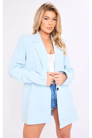 PRETTYLITTLETHING Women Oversized Blazers - Light Blue Linen Look Oversized Drapey Button Detail Blazer