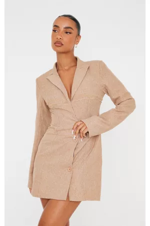 PRETTYLITTLETHING Women Blazer Dresses - Stone Frayed Detail Corset Blazer Dress
