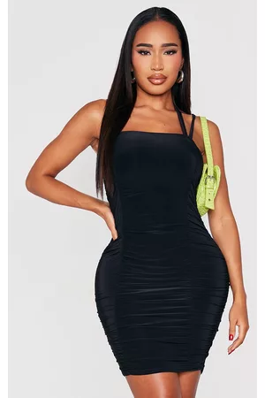 PRETTYLITTLETHING Women Ruched Bodycon Dresses - Shape Black Ruched Front Strappy Bodycon Dress