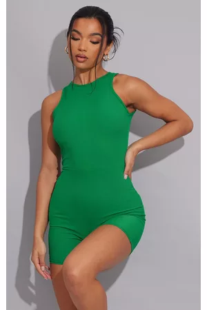 PRETTYLITTLETHING Women Playsuits & Rompers - Green Ribbed Racer Neck Unitard