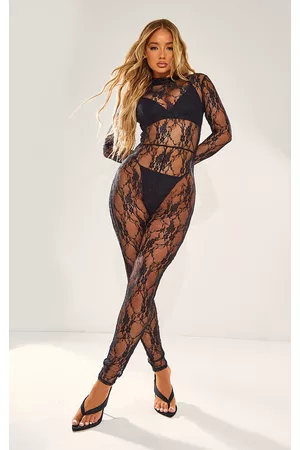 PRETTYLITTLETHING Women Long Sleeved Shirts - Black Sheer Lace High Neck Long Sleeve Jumpsuit