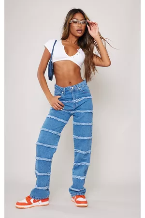 PRETTYLITTLETHING Women Straight Jeans - Mid Blue Wash Frayed Panel Straight Leg Jeans