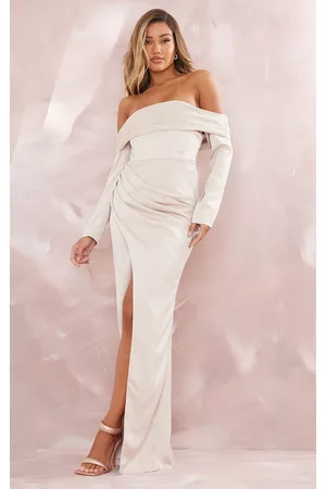 PRETTYLITTLETHING Women Long Sleeve Maxi Dresses - BRIDAL Champagne Long Sleeve Bardot Split Maxi Dress
