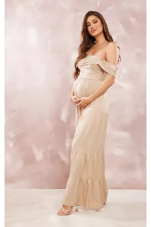 PRETTYLITTLETHING Women Off the shoulder Jumpsuits - Maternity Taupe Linen Look Off The Shoulder Flared Jumpsuit
