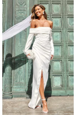PRETTYLITTLETHING Women Long Sleeve Maxi Dresses - BRIDAL White Long Sleeve Bardot Split Maxi Dress