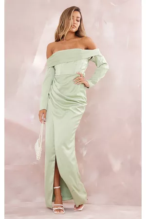 PRETTYLITTLETHING Women Long Sleeve Maxi Dresses - BRIDAL Sage Green Long Sleeve Bardot Split Maxi Dress