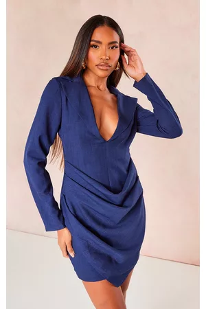 PRETTYLITTLETHING Women Blazer Dresses - Dark Blue Linen Look Drape Detail Blazer Dress