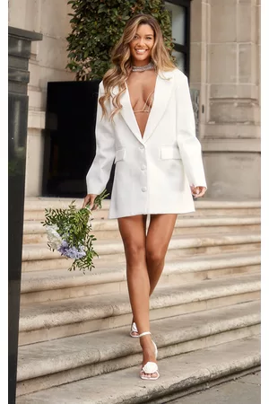 PRETTYLITTLETHING Women Blazer Dresses - BRIDAL White Plunge Blazer Dress