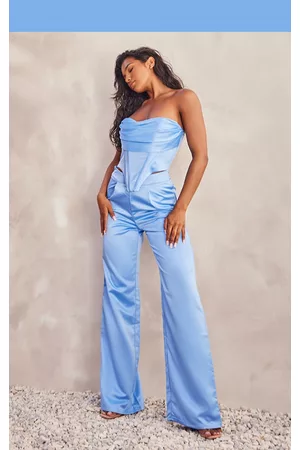 PRETTYLITTLETHING Women Corsets - Blue Satin Bandeau Cowl Detail Corset Jumpsuit