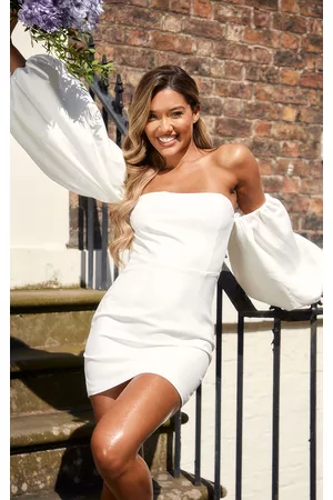 PRETTYLITTLETHING Women Long Sleeve Bodycon Dresses - BRIDAL White Long Puff Sleeve Bardot Bodycon Dress
