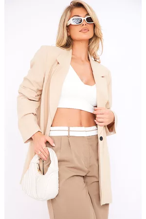 PRETTYLITTLETHING Women Oversized Blazers - Beige Linen Look Oversized Drapey Button Detail Blazer