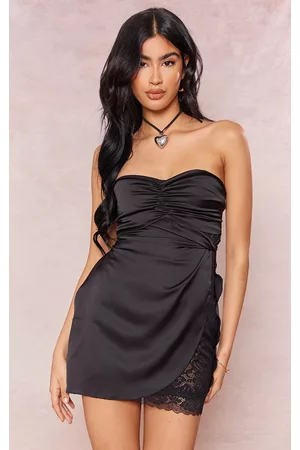 PRETTYLITTLETHING Women Ruched Bodycon Dresses - Black Satin Bandeau Ruched Bust Lace Insert Bodycon Dress