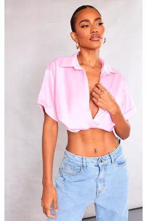 PRETTYLITTLETHING Women Shirts - Candy Pink Heavy Satin Twist Front Shirt
