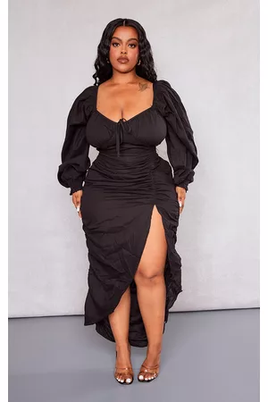 PRETTYLITTLETHING Women Ruched Midi Dresses - Plus Black Linen Look Ruched Side Split Midi Dress