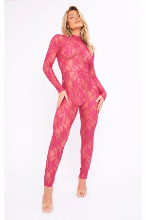 PRETTYLITTLETHING Women Long Sleeved Shirts - Hot Pink Sheer Lace High Neck Long Sleeve Jumpsuit