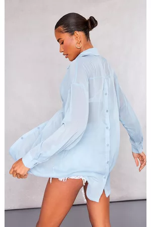 PRETTYLITTLETHING Women Shirts - Dusty Blue Textured Button Up Back Shirt