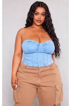 PRETTYLITTLETHING Women Corsets - Plus Light Blue Wash Bandeau Denim Corset
