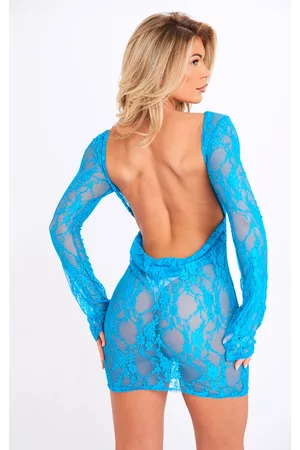 PRETTYLITTLETHING Women Long Sleeve Bodycon Dresses - Blue Sheer Lace Cowl Back Long Sleeve Bodycon Dress