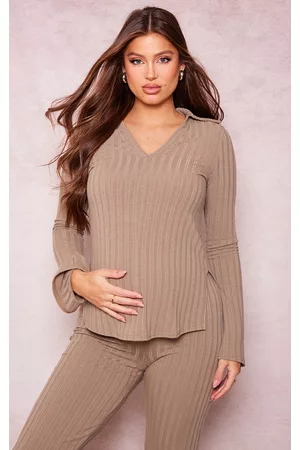 PRETTYLITTLETHING Women Long Sleeved Shirts - Maternity Taupe Rib Long Sleeve Top