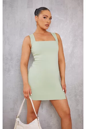 PRETTYLITTLETHING Women Shift Dresses - Sage Green Stretch Woven Square Neck Shift Dress