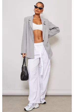 PRETTYLITTLETHING Women Oversized Blazers - Grey Linen Look Oversized Drapey Button Detail Blazer