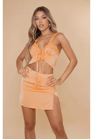 PRETTYLITTLETHING Women Asymmetrical Dresses - Tangerine Satin Lace Asymmetric Strap Tie Detail Shift Dress