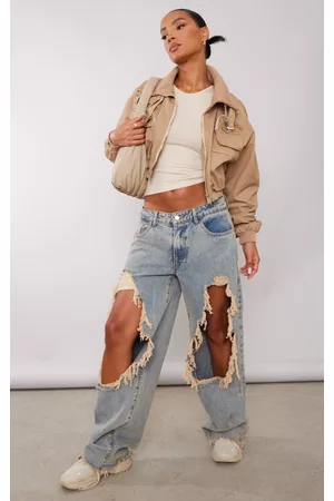 PRETTYLITTLETHING Women Bomber Jackets - Beige Rib Collar Utility Cropped Bomber Jacket