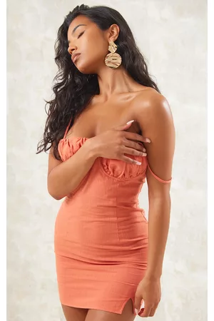 PRETTYLITTLETHING Women Bodycon Dresses - Orange Linen Look Underwired Bust Detail Strappy Bodycon Dress