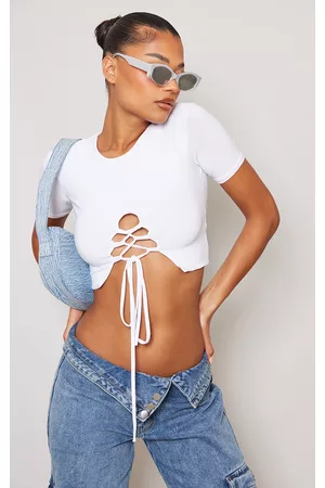 PRETTYLITTLETHING Women Crop Tops - White Slinky Lace Up Short Sleeve Crop Top