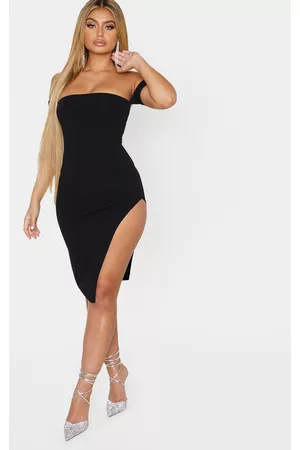 PRETTYLITTLETHING Women Midi Dresses - Black Cuff Detail Side Split Midi Dress