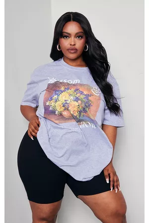 PRETTYLITTLETHING Women T-Shirts - Plus Grey Blossom Graphic T Shirt