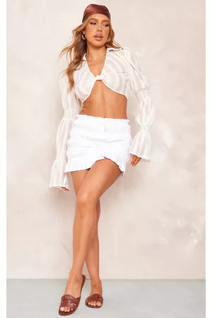 PRETTYLITTLETHING Women Mini Skirts - White Cotton Extreme Ruched Mini Skirt