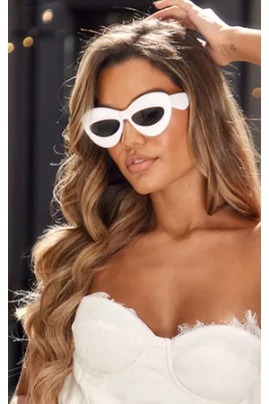 PRETTYLITTLETHING Women Cat Eye Sunglasses - White Pillow Effect Cat Eye Sunglasses