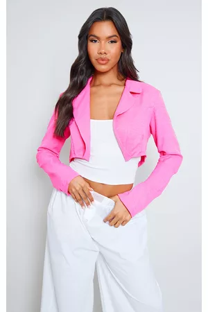 PRETTYLITTLETHING Women Blazers - Pink Linen Look Basic Seam Detail Woven Cropped Blazer