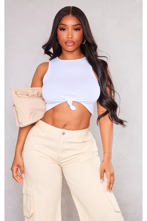 PRETTYLITTLETHING Women Crop Tops - Shape White Cotton Knot Front Crop Top