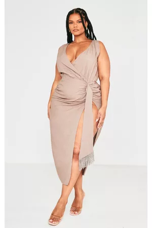 PRETTYLITTLETHING Women Midi Dresses - Plus Taupe Linen Look Drape Detail Midi Dress