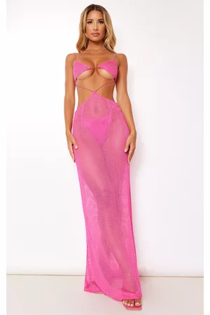 PRETTYLITTLETHING Women Maxi Dresses - Pink Net Cut Out Strappy Maxi Beach Dress