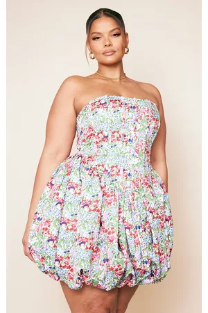 PRETTYLITTLETHING Women Printed & Patterned Dresses - Plus Multi Floral Bandeau Puffball Dress