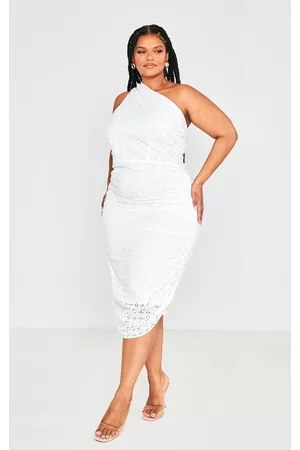 PRETTYLITTLETHING Women Ruched Midi Dresses - Plus White Broderie Anglaise Ruched Midi Dress