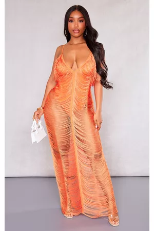 PRETTYLITTLETHING Women Fringe Dresses - Shape Bright Orange Fringe Detail Midaxi Dress