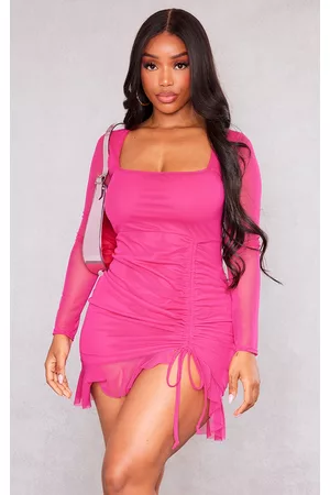 PRETTYLITTLETHING Women Long Sleeve Bodycon Dresses - Shape Hot Pink Mesh Long Sleeve Ruched Side Frill Hem Bodycon Dress