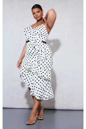 PRETTYLITTLETHING Women Midi Dresses - Plus White Polka Dot Ruffle Detail Midi Dress