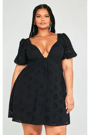 PRETTYLITTLETHING Women Puff Sleeve & Puff Shoulder Dresses - Plus Black Broderie Anglaise Puff Sleeve Shift Dress