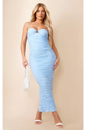 PRETTYLITTLETHING Women Underwire Dresses - Light Blue Mesh Ruched Underwire Detail Strappy Midaxi Dress