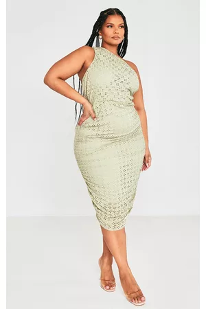 PRETTYLITTLETHING Women Ruched Midi Dresses - Plus Sage Green Broderie Anglaise Ruched Midi Dress