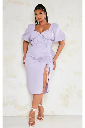 PRETTYLITTLETHING Women Ruched Midi Dresses - Plus Lilac Puff Sleeve Ruched Side Split Midi Dress