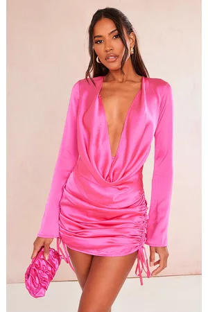 PRETTYLITTLETHING Women Long Sleeve Bodycon Dresses - Hot Pink Satin Extreme Cowl Ruched Long Sleeve Bodycon Dress