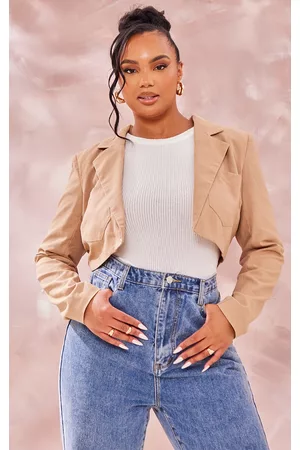 PRETTYLITTLETHING Women Blazers - Plus Taupe Linen Look Crop Blazer