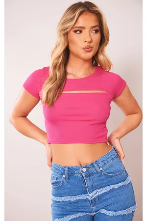PRETTYLITTLETHING Women Crop Tops - Hot Pink Rib Cut Out Short Sleeve Crop Top